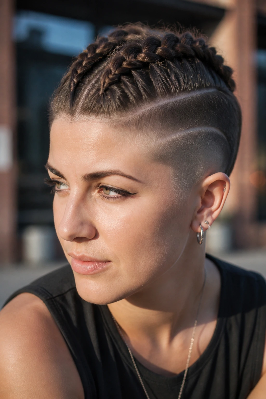 Portrait of a person with braided top and shaved sides outdoors