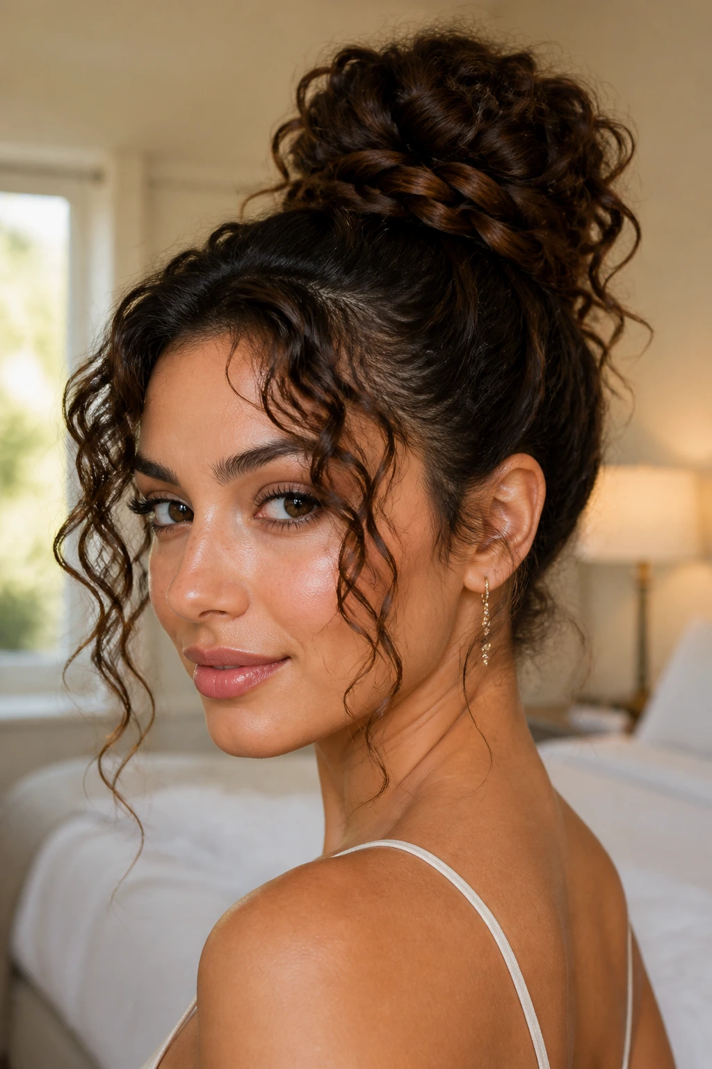 Close-up of a real woman with braided topknot and loose fringe in warm light