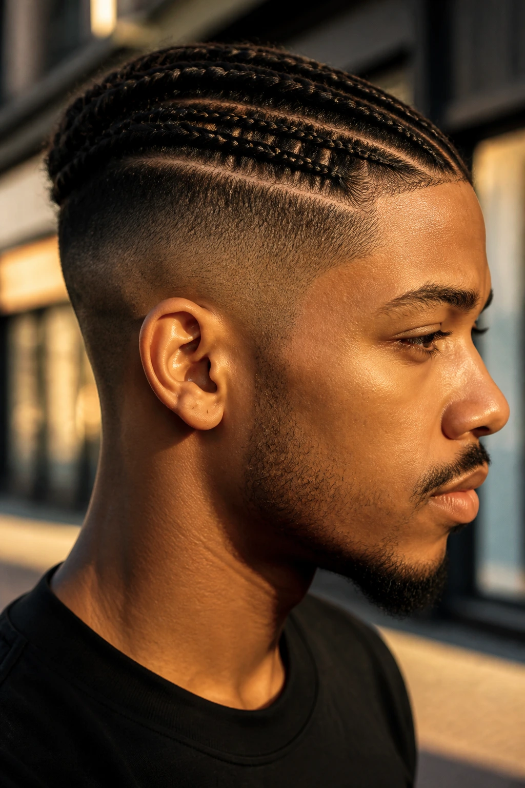 Profile view of a man with a braided undercut hairstyle