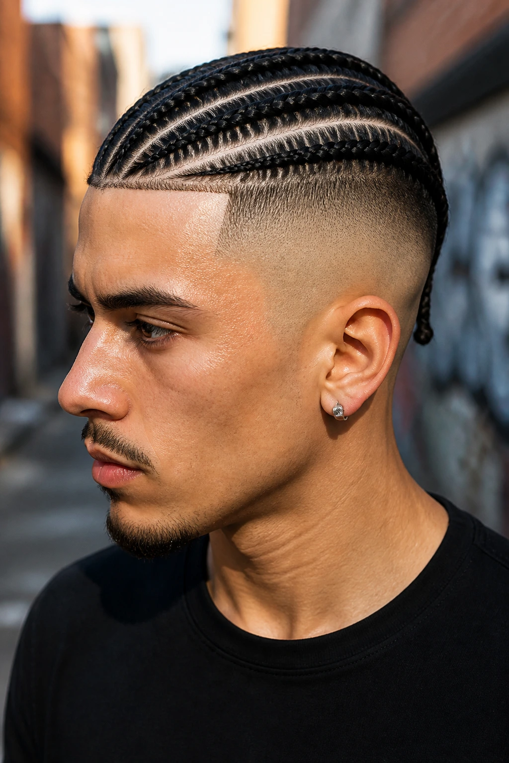 Portrait of a real man with braided top and shaved sides in contrast lighting
