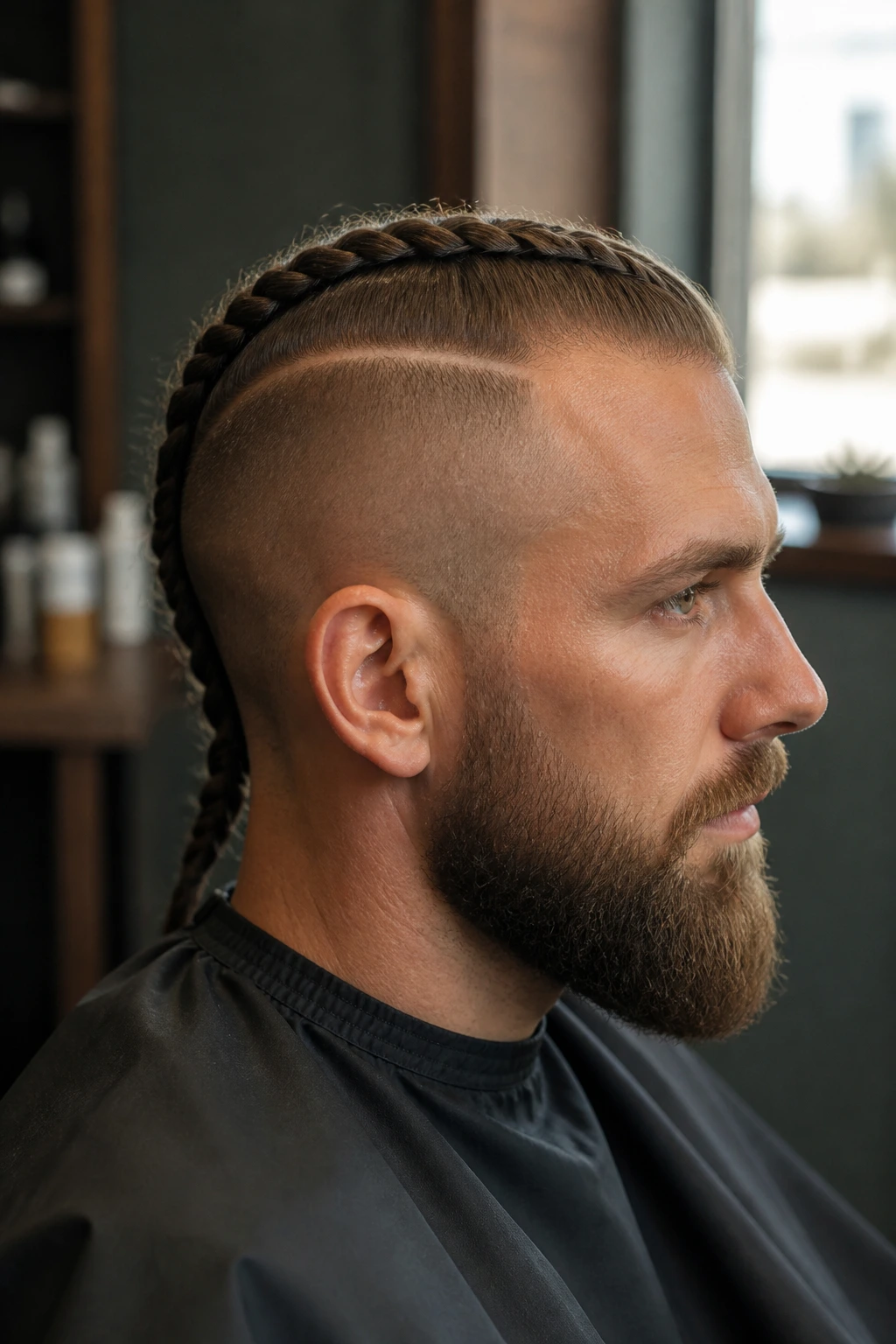 Profile view of a man with a braided undercut and shaved line