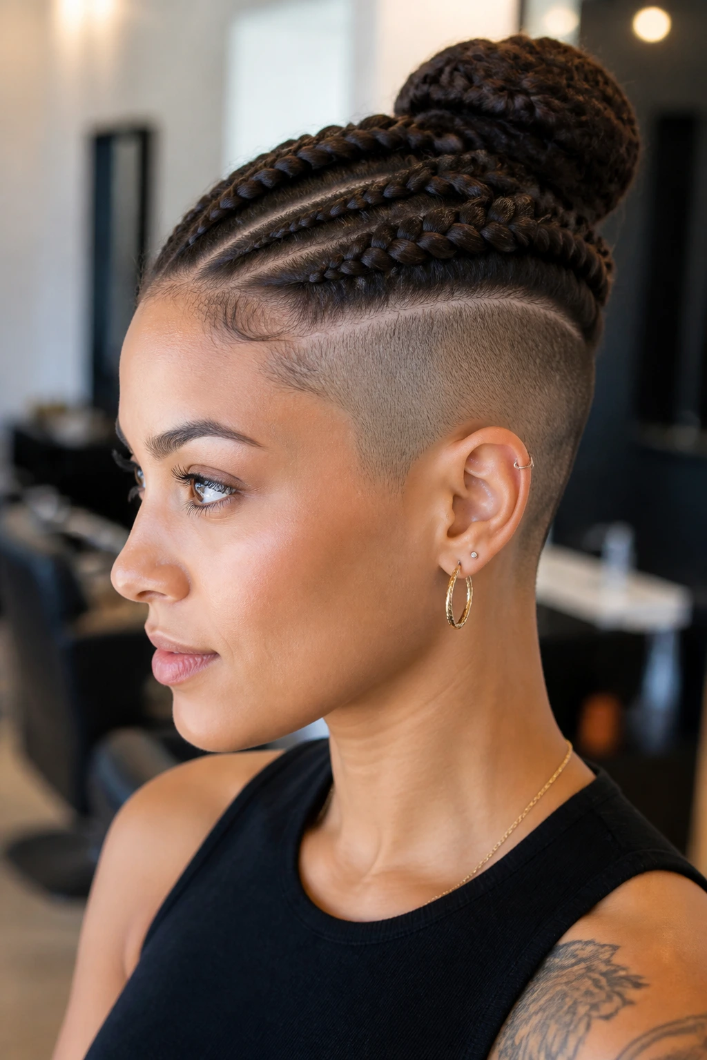Close-up of a real woman with braided undercut and exposed shaved sides