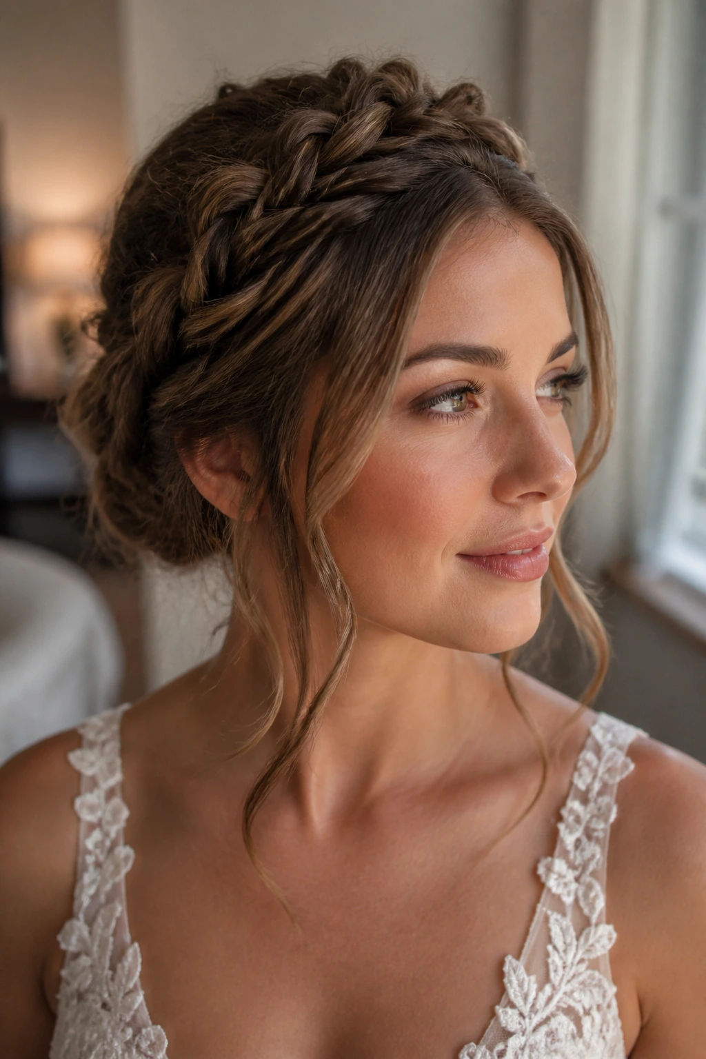 Close-up of a real bride with braided updo and face-framing pieces