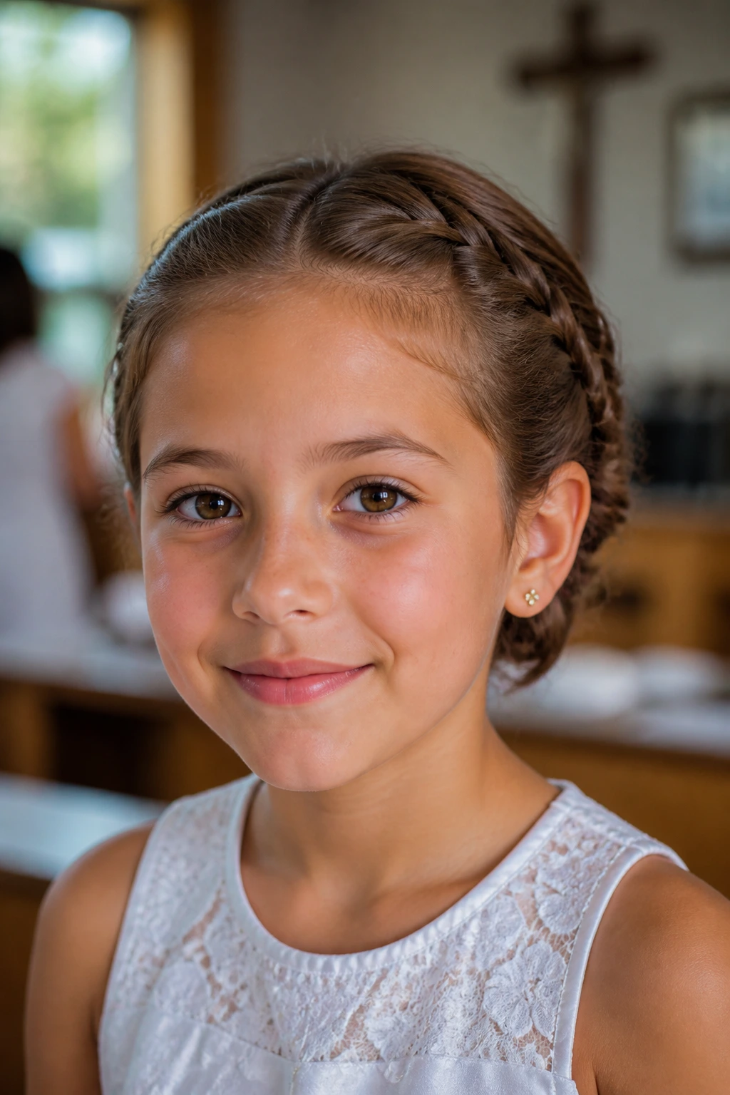 Close-up of a child with short hair styled into tiny front braids tucked into a back-updo