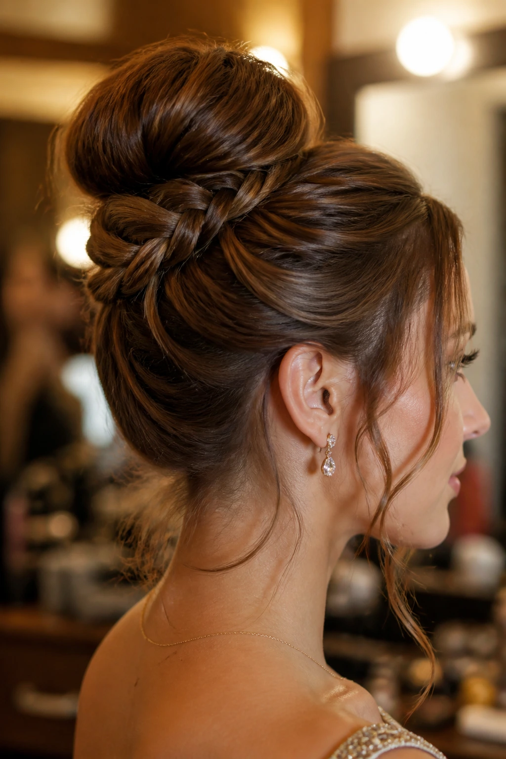 Close-up of updo with Dutch braid variation on real person