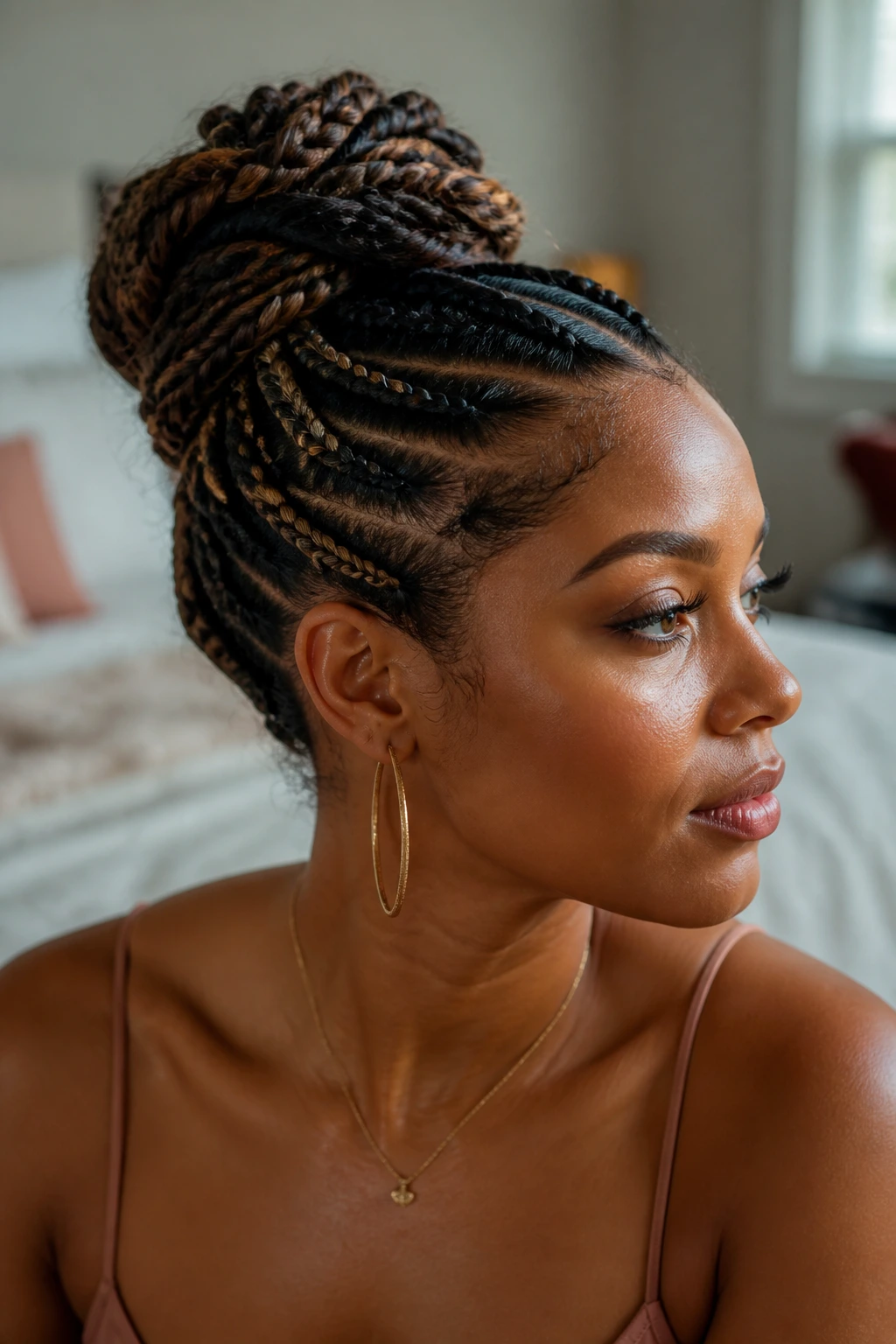 Close-up of a real person with a braided updo in natural window light