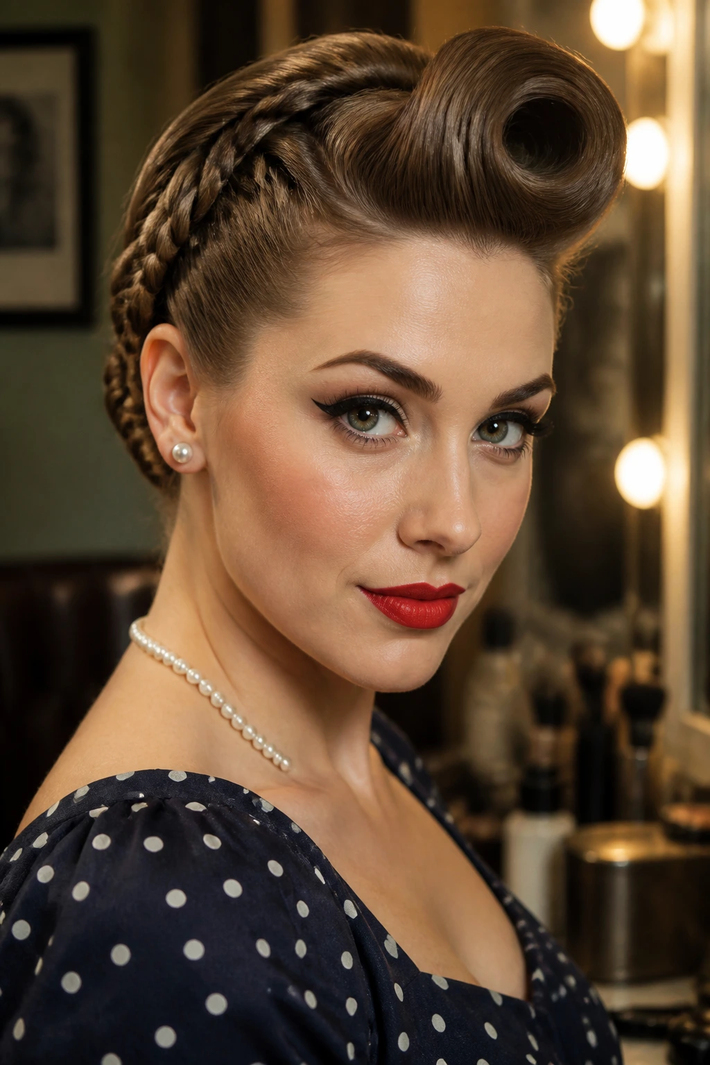 Close-up of a real woman with a braid and victory roll front
