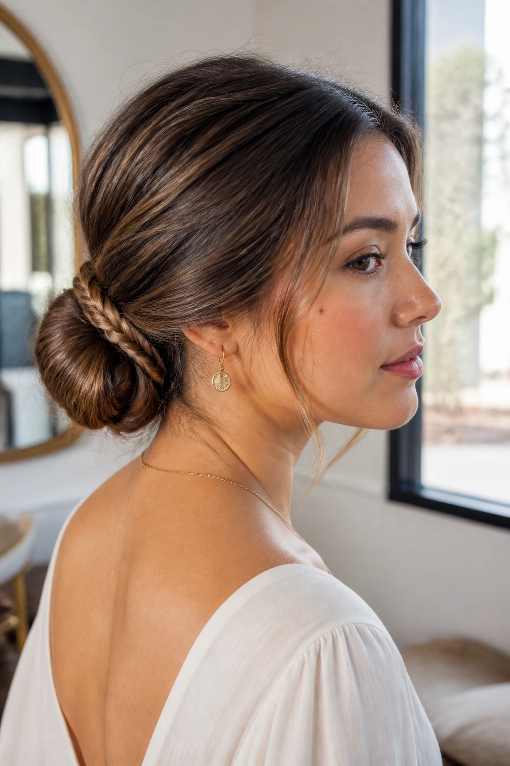 Close-up of a woman with a braided wrap around a low bun in a softly lit salon