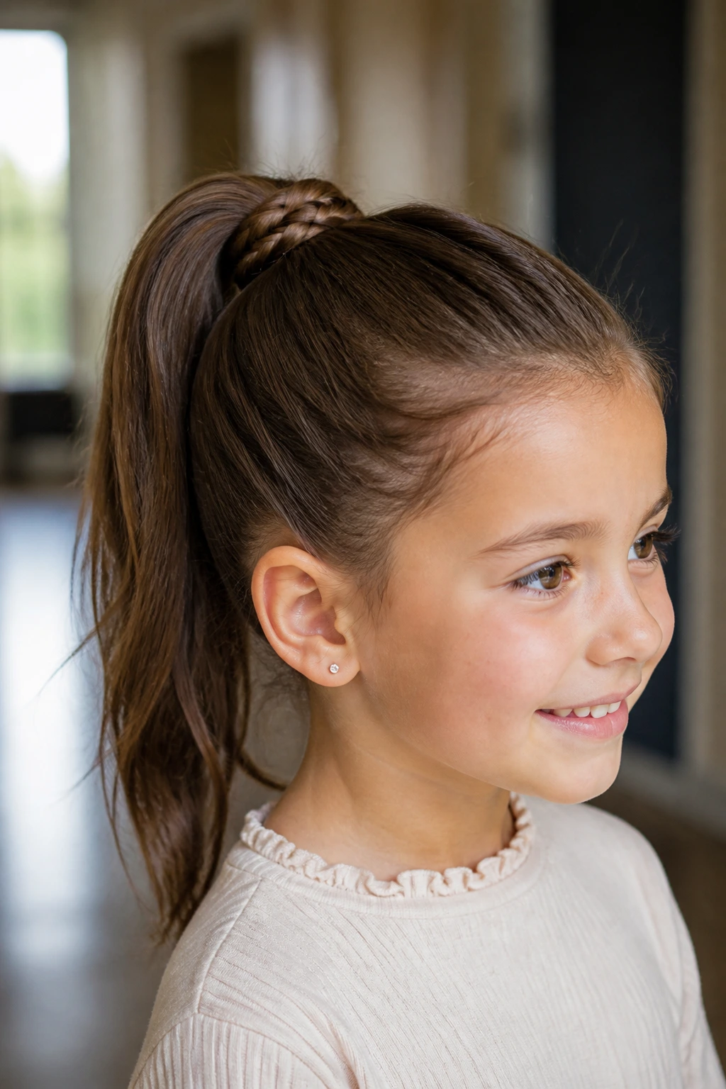 Girl's ponytail with a braided wrap around the base