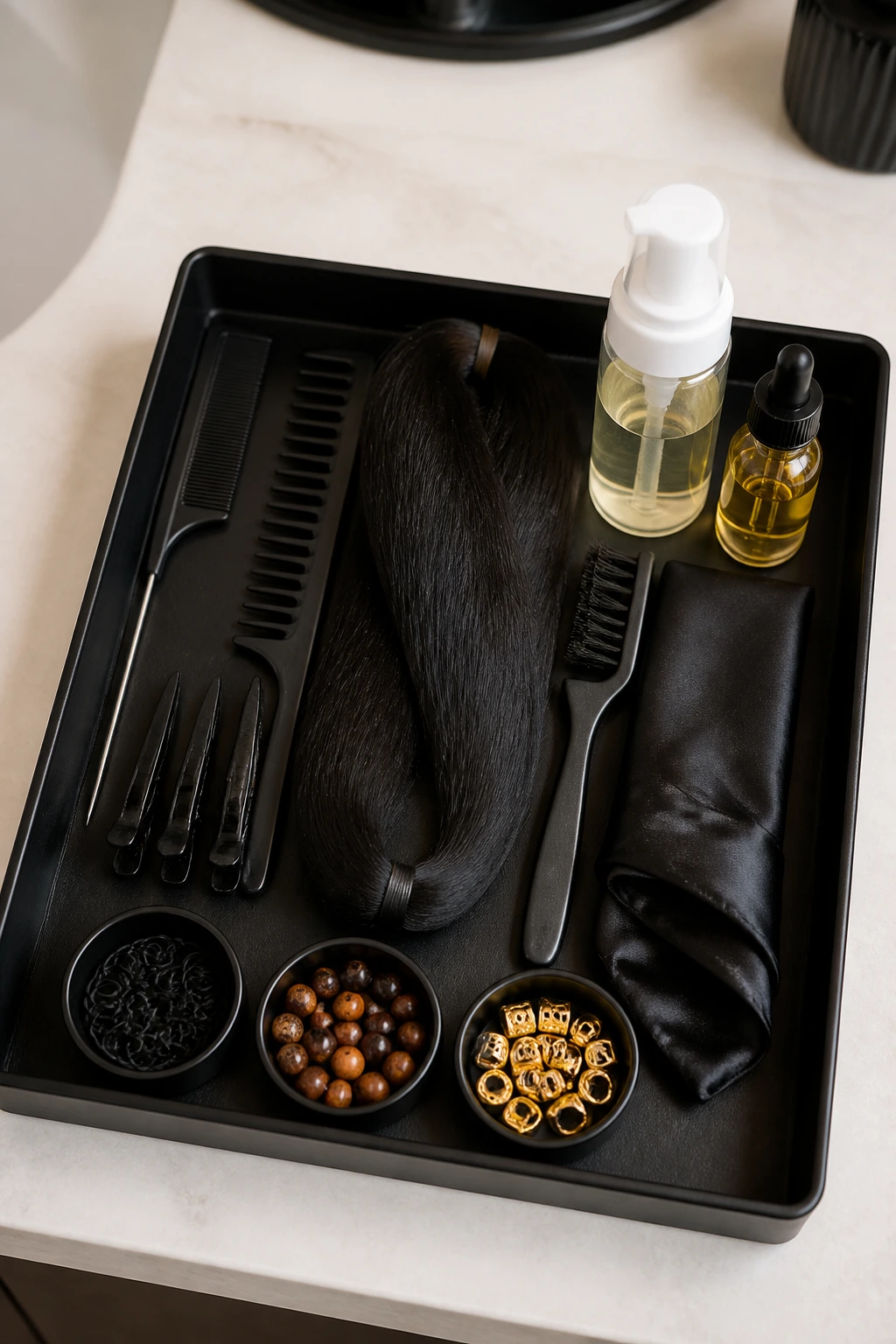 Top-down view of essential braiding equipment neatly arranged on a bathroom counter