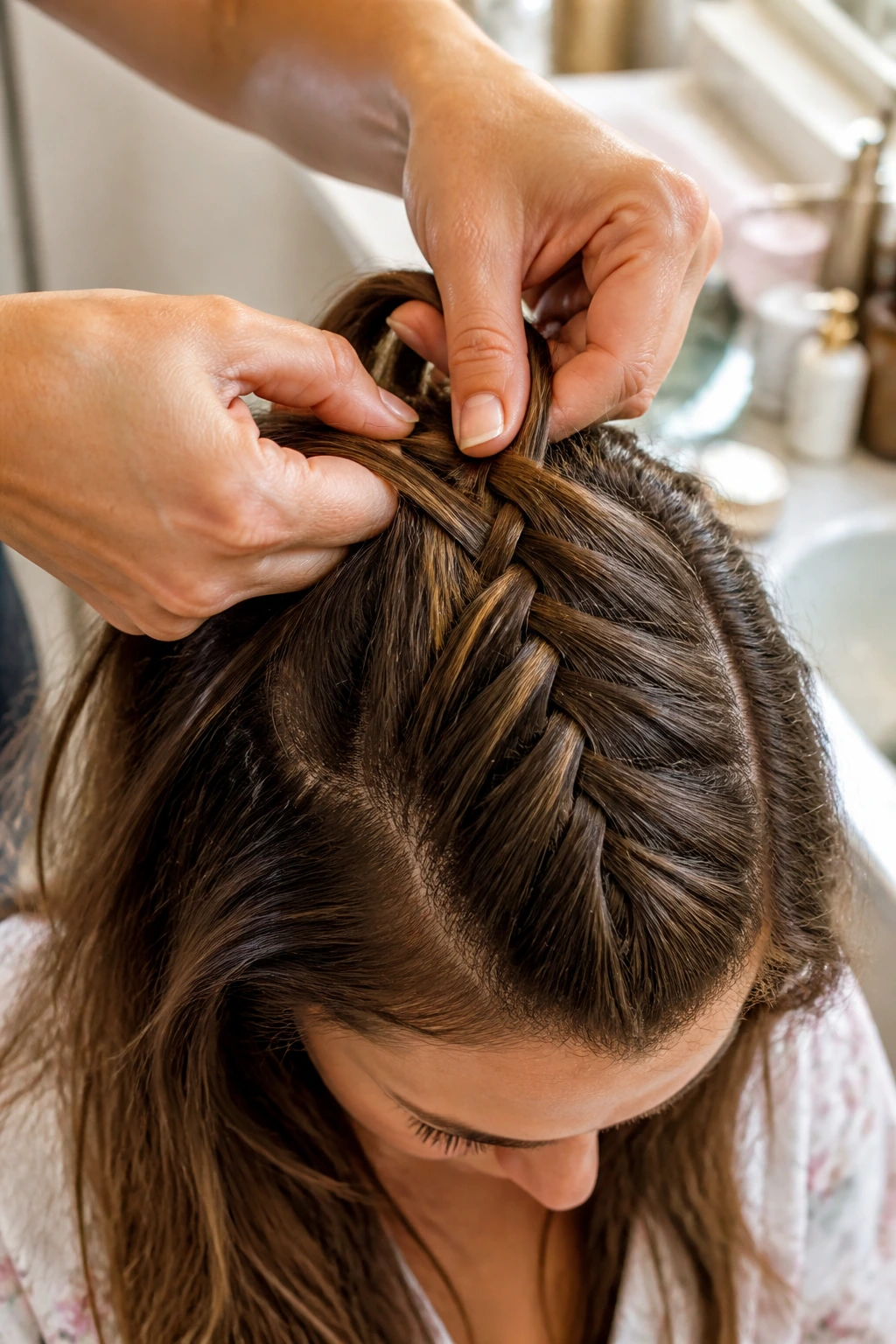 Close up of hands braiding hair on a real person