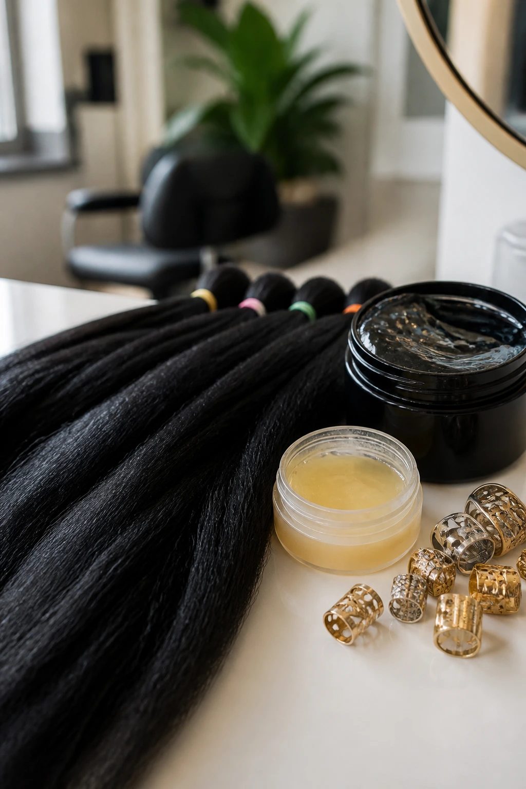 Pre-stretched braiding hair, gel, edge control and cuffs on a vanity