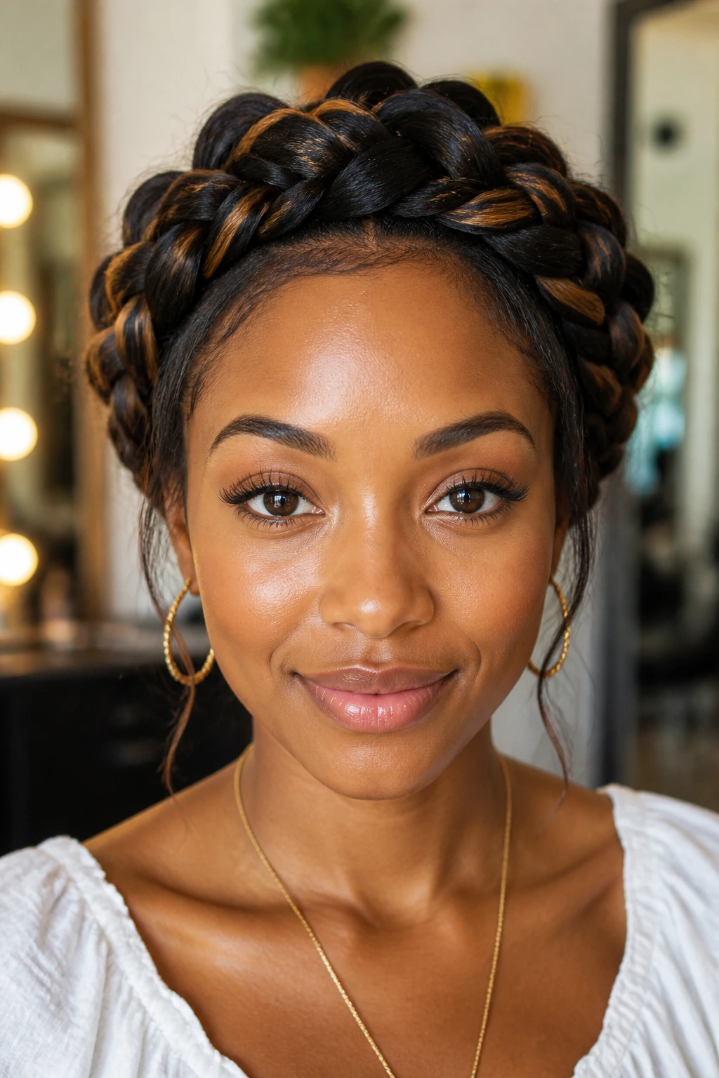 Close-up of halo braid with added braiding hair on a real person
