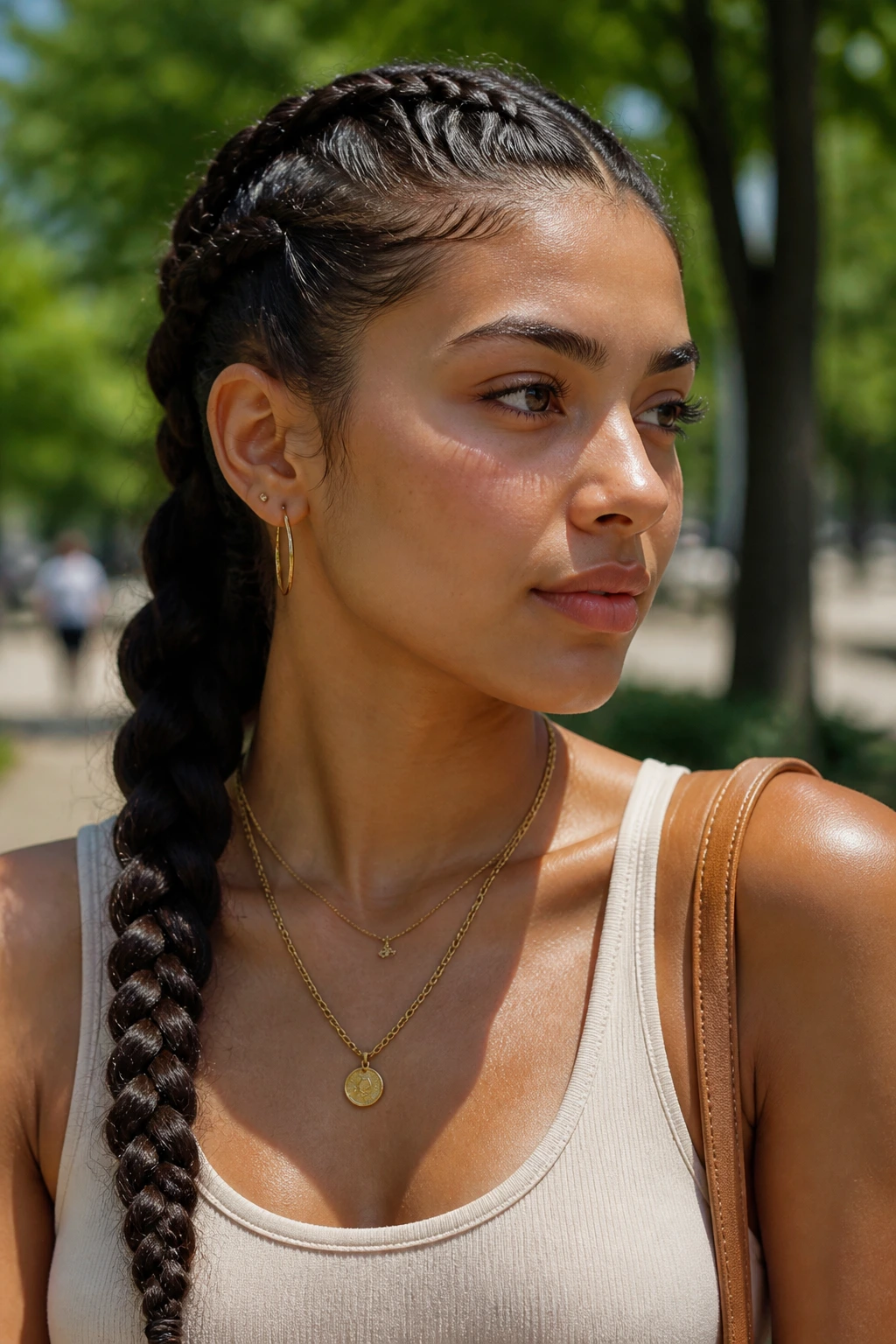 Portrait of a person with a braid in a humid outdoor setting.
