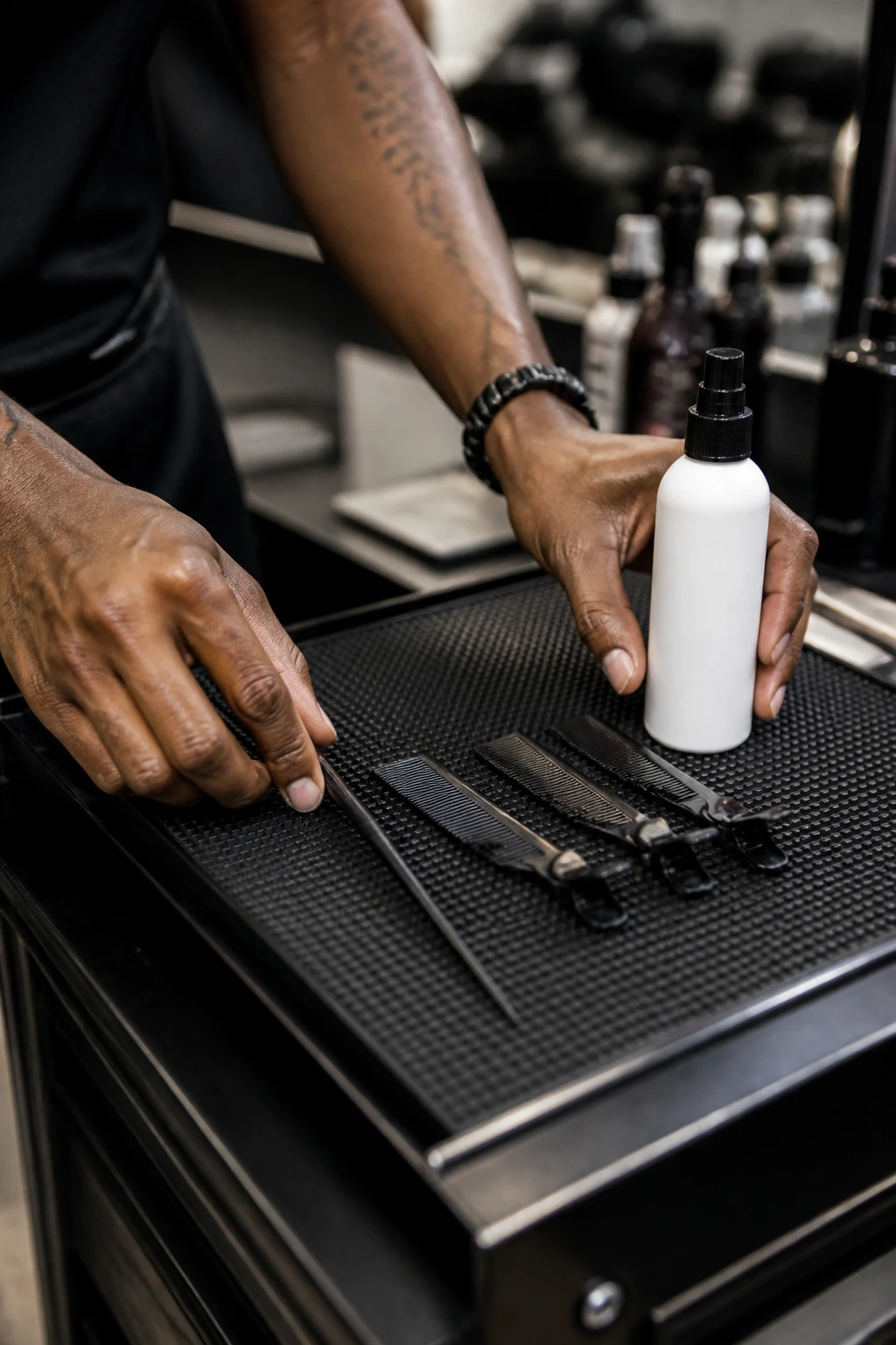 Close-up of hands with braiding toolkit on barber station.