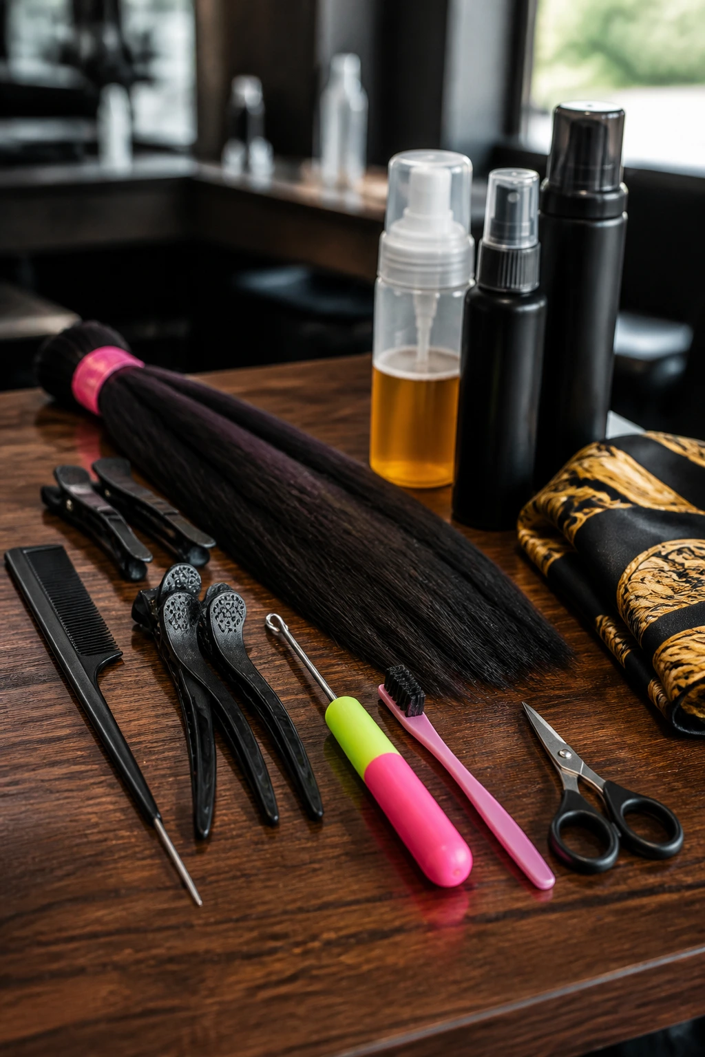 Close-up of bob braiding tools arranged on a salon counter