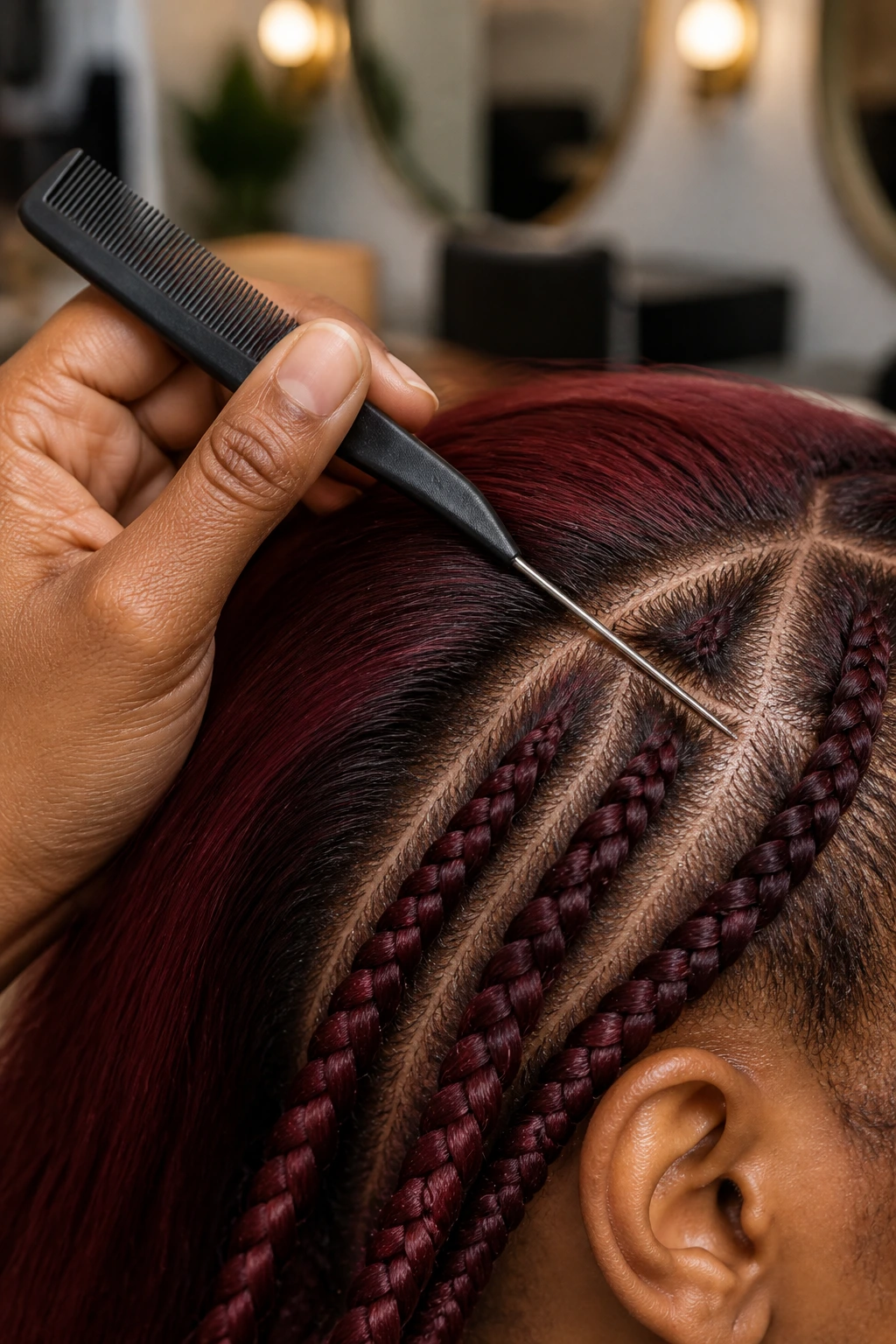 Rat-tail comb parting burgundy hair in a salon setting