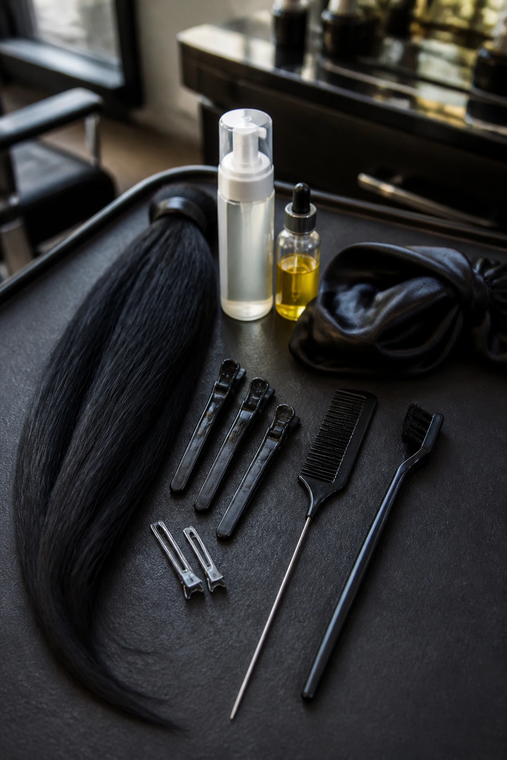 Macro shot of braiding tools on salon station