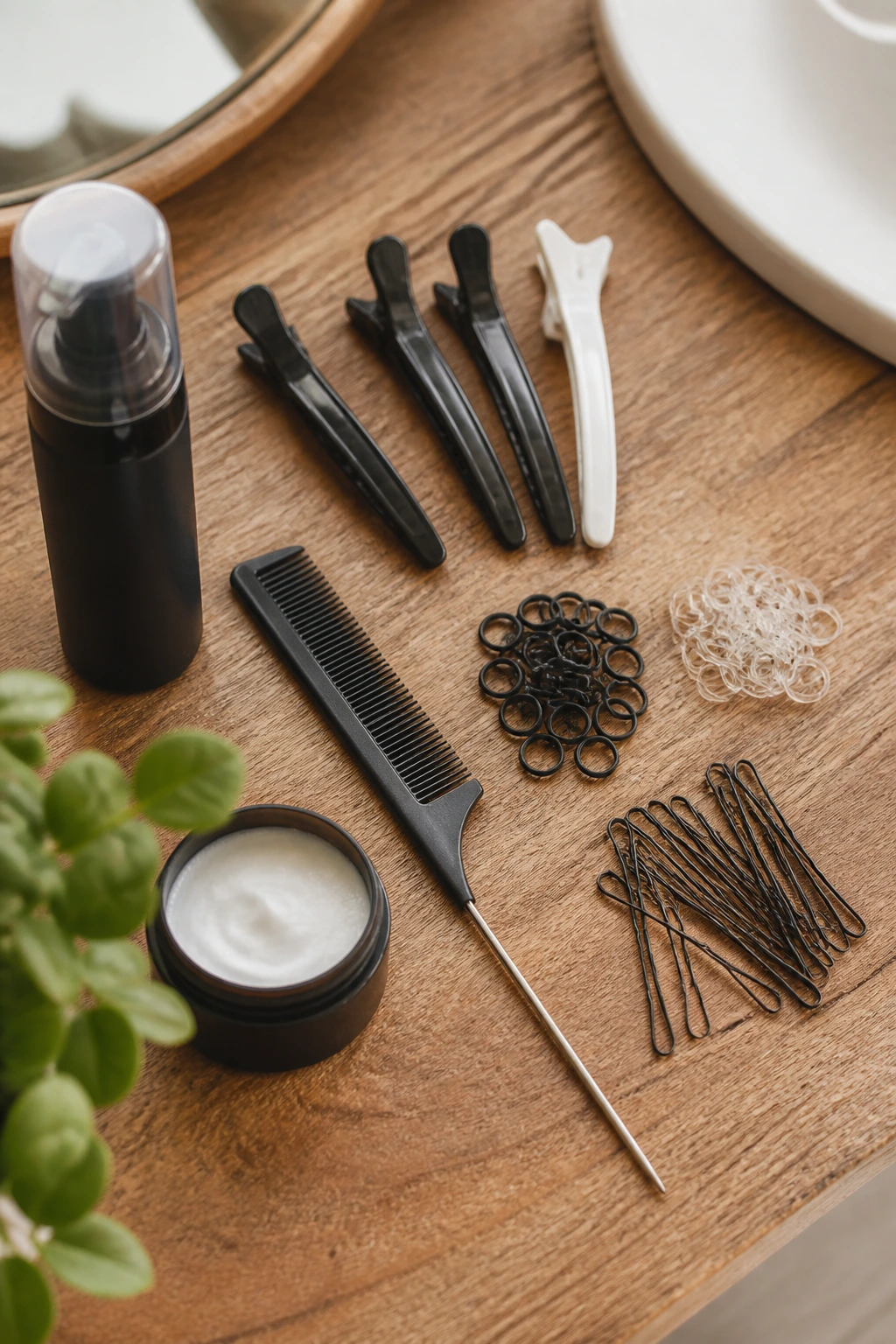 Top-down view of essential braiding tools arranged on wood surface.