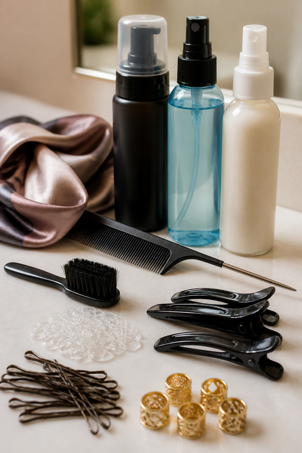 Macro shot of braided hair tools arranged on a vanity