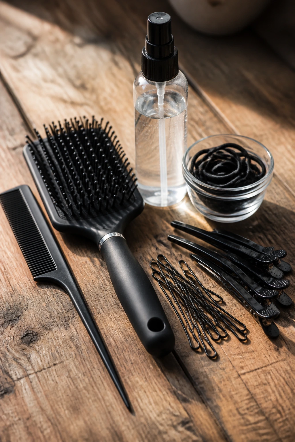 Close-up of essential hair tools for braiding on a wooden table