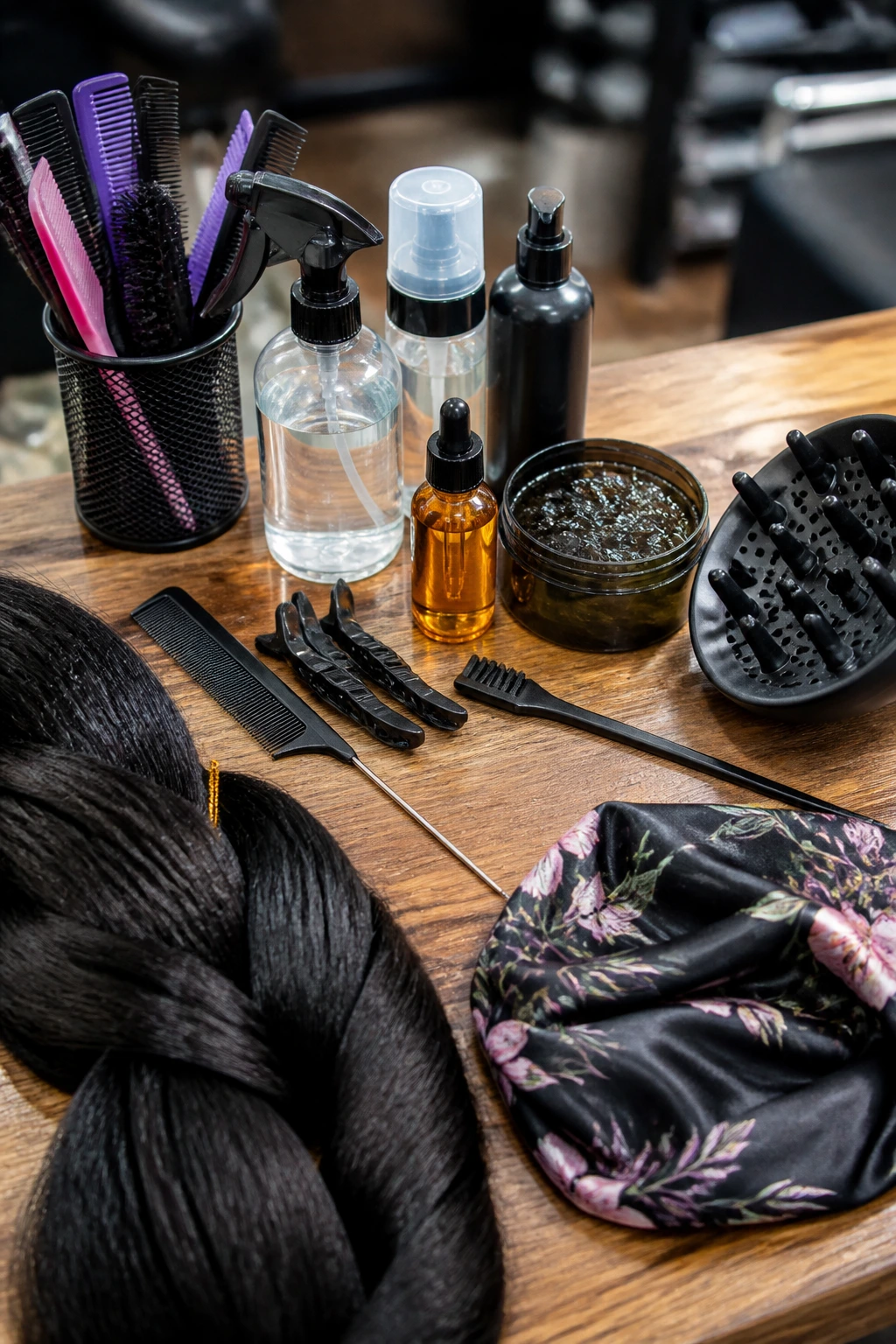 Top-down close-up of braided hair tools on a wooden salon table