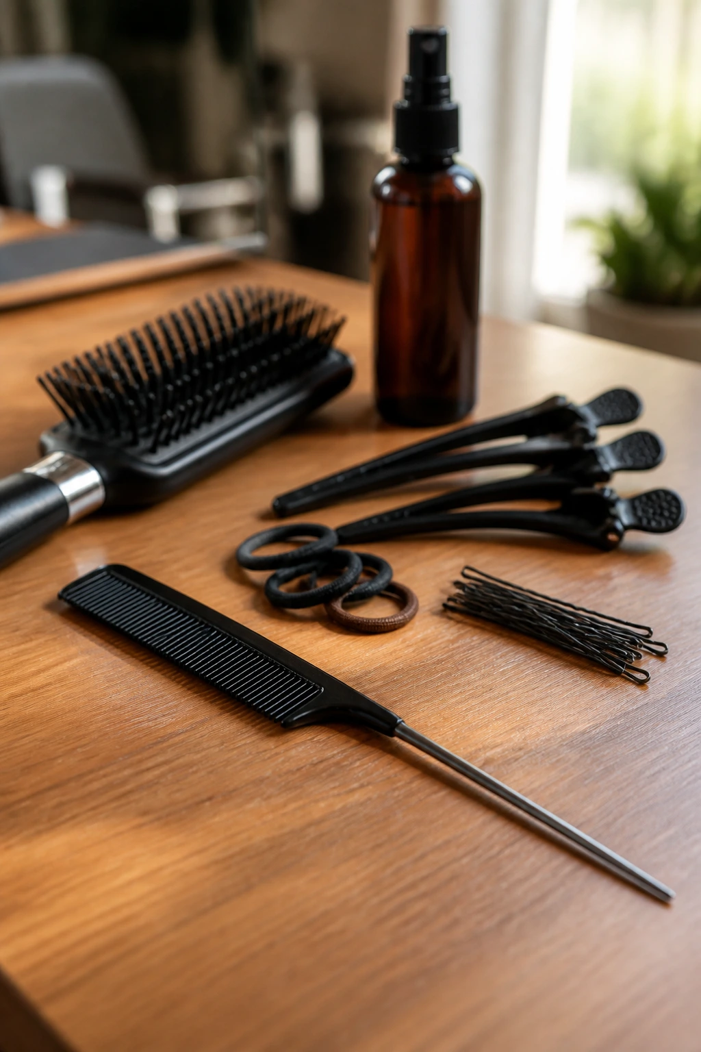 Close-up of essential braiding tools including rat-tail comb and detangling brush on a wooden salon station