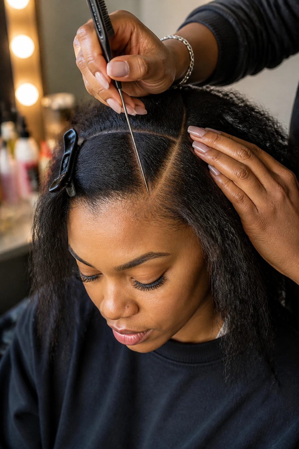 Close-up of hands parting hair with a rat-tail comb on a real person