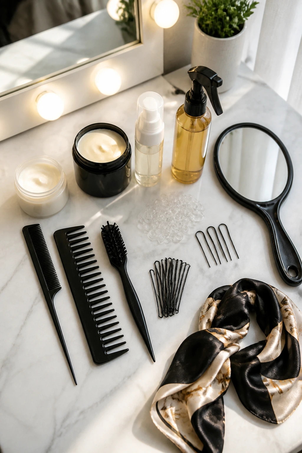 Top-down view of essential braiding tools laid out on a vanity.