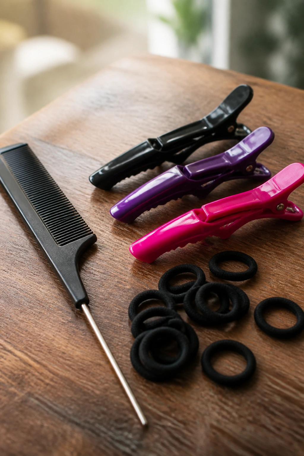 Macro shot of braiding tools laid on a wooden surface