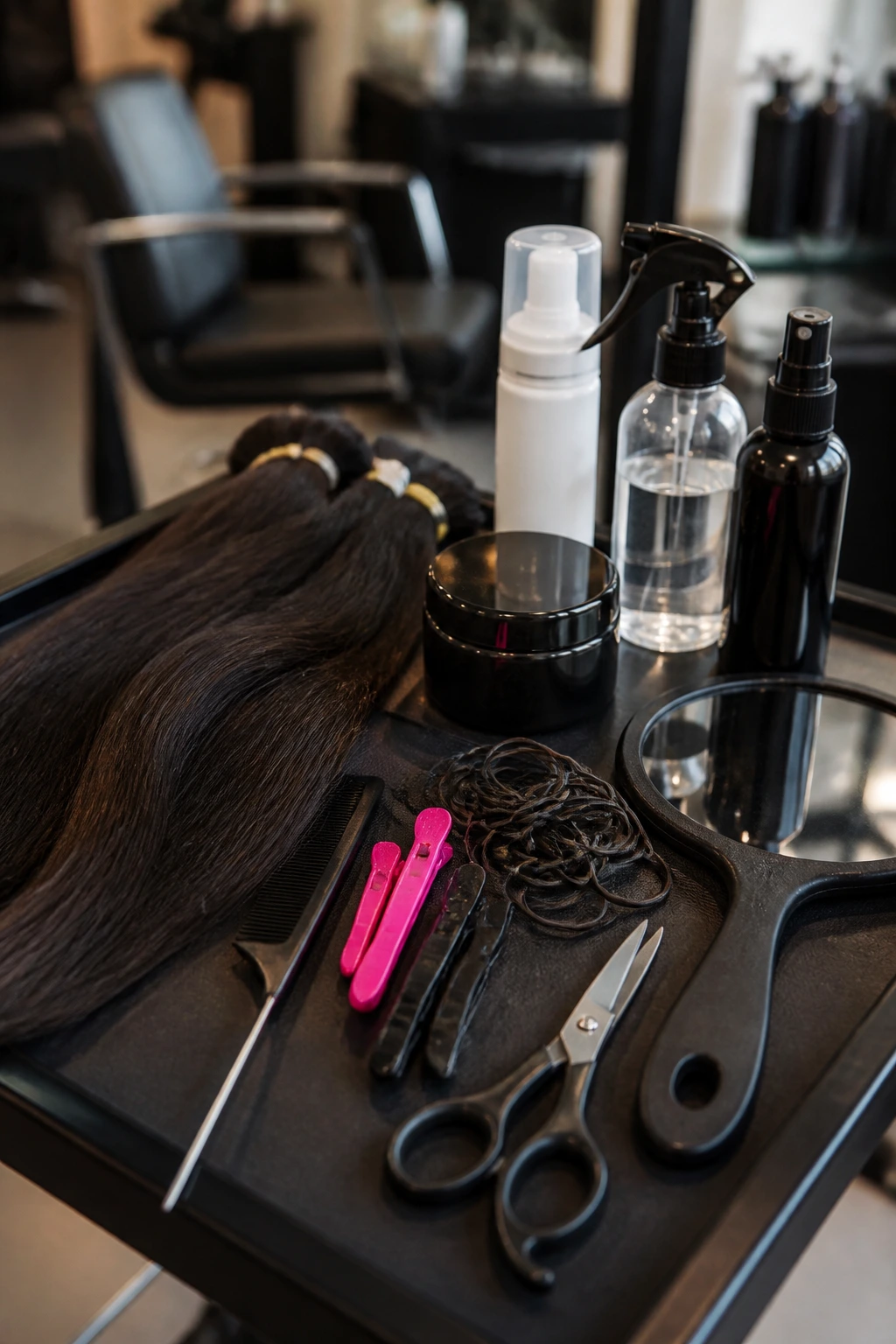 Tools for braiding arranged on a salon station