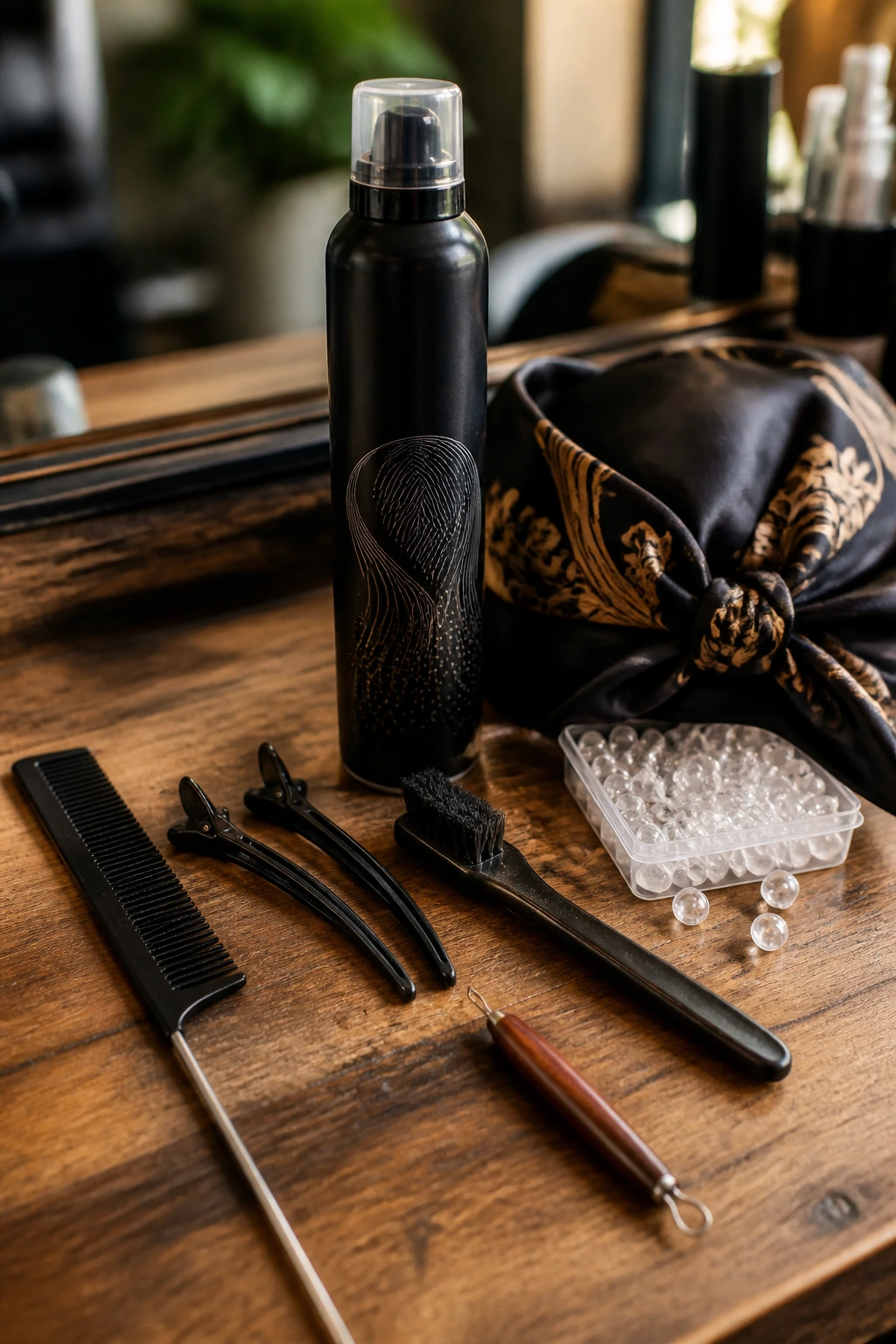Close up of braiding tools on a wooden salon station