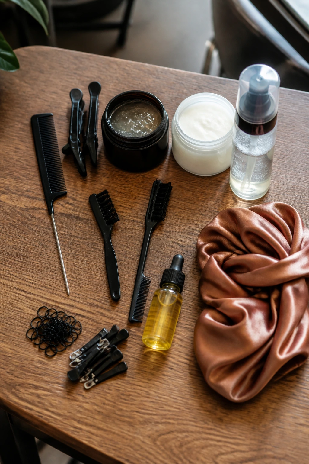 Flat lay of knotless braid tools and supplies on wood