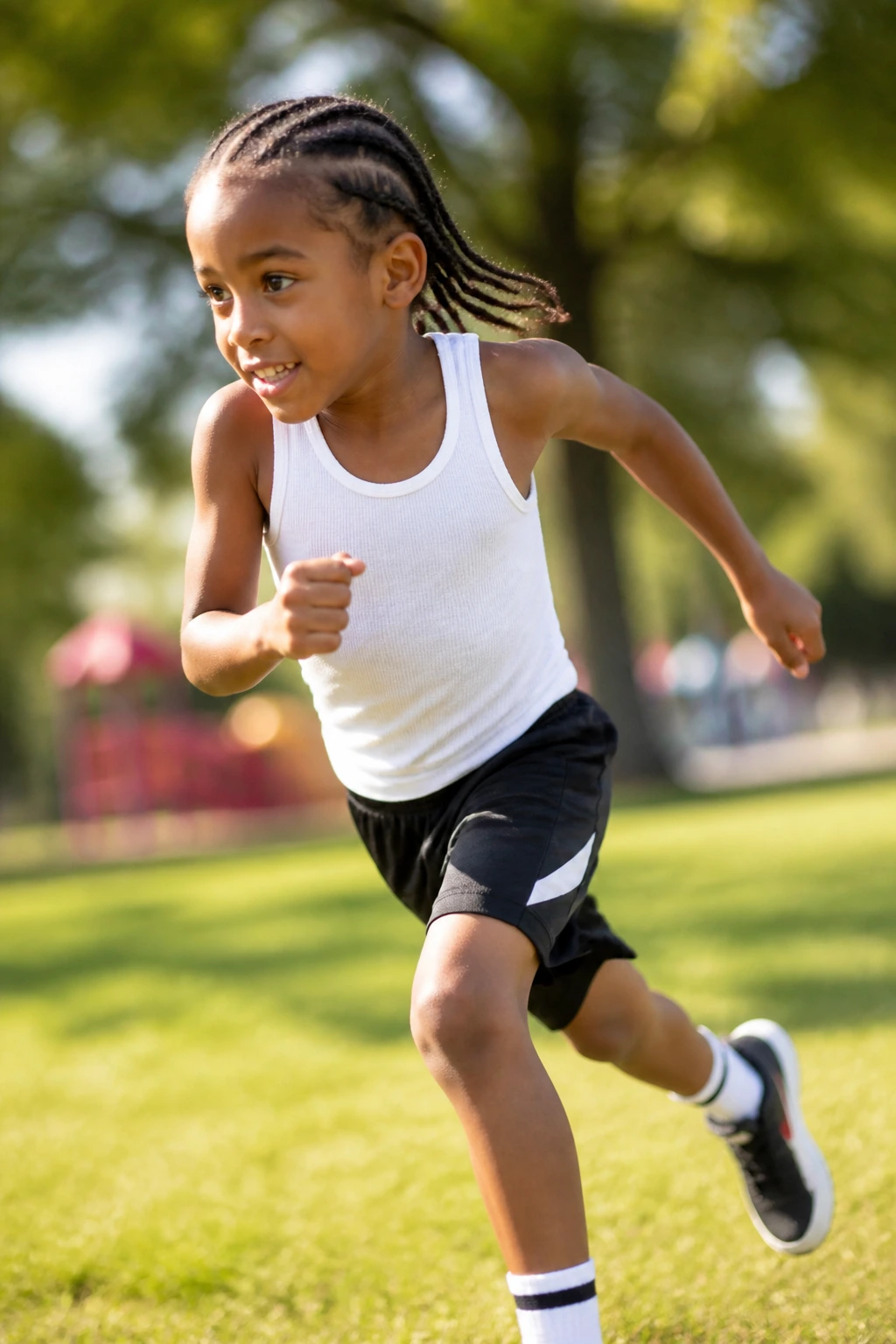 Action shot of a real boy with braids playing outdoors, hair staying in place.