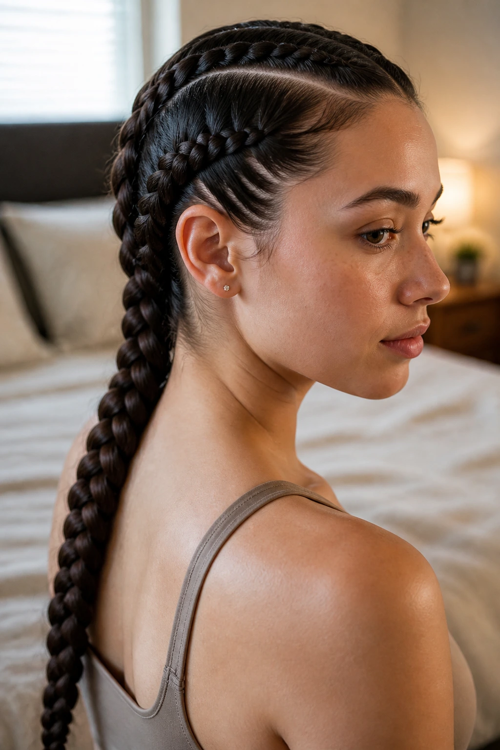 Portrait of a person with a neat scalp braid in a bedroom setting.