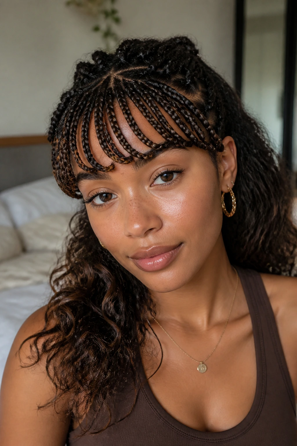 Close-up of braided bangs with loose length on a real person in natural window light