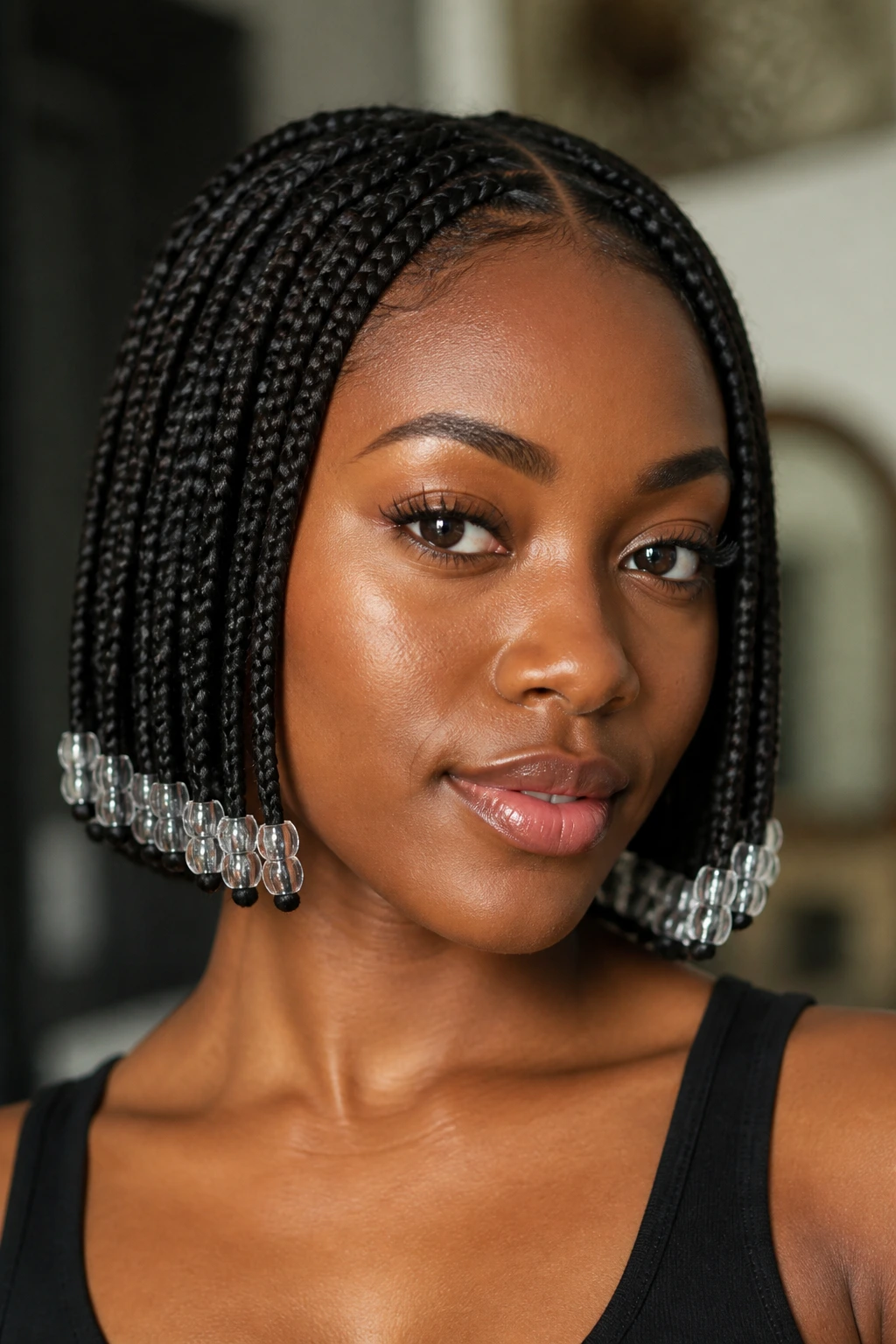 Close-up of a woman with a braided bob and beads at the ends