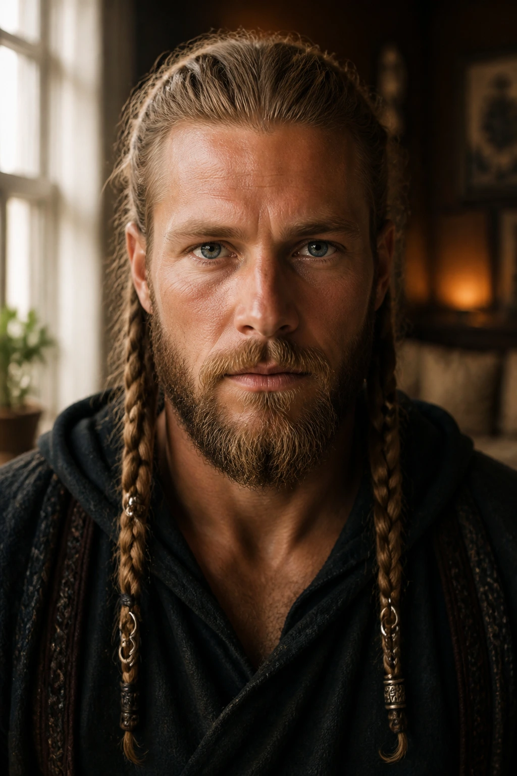 Close-up portrait of a real person with two braids adorned with beads and rings