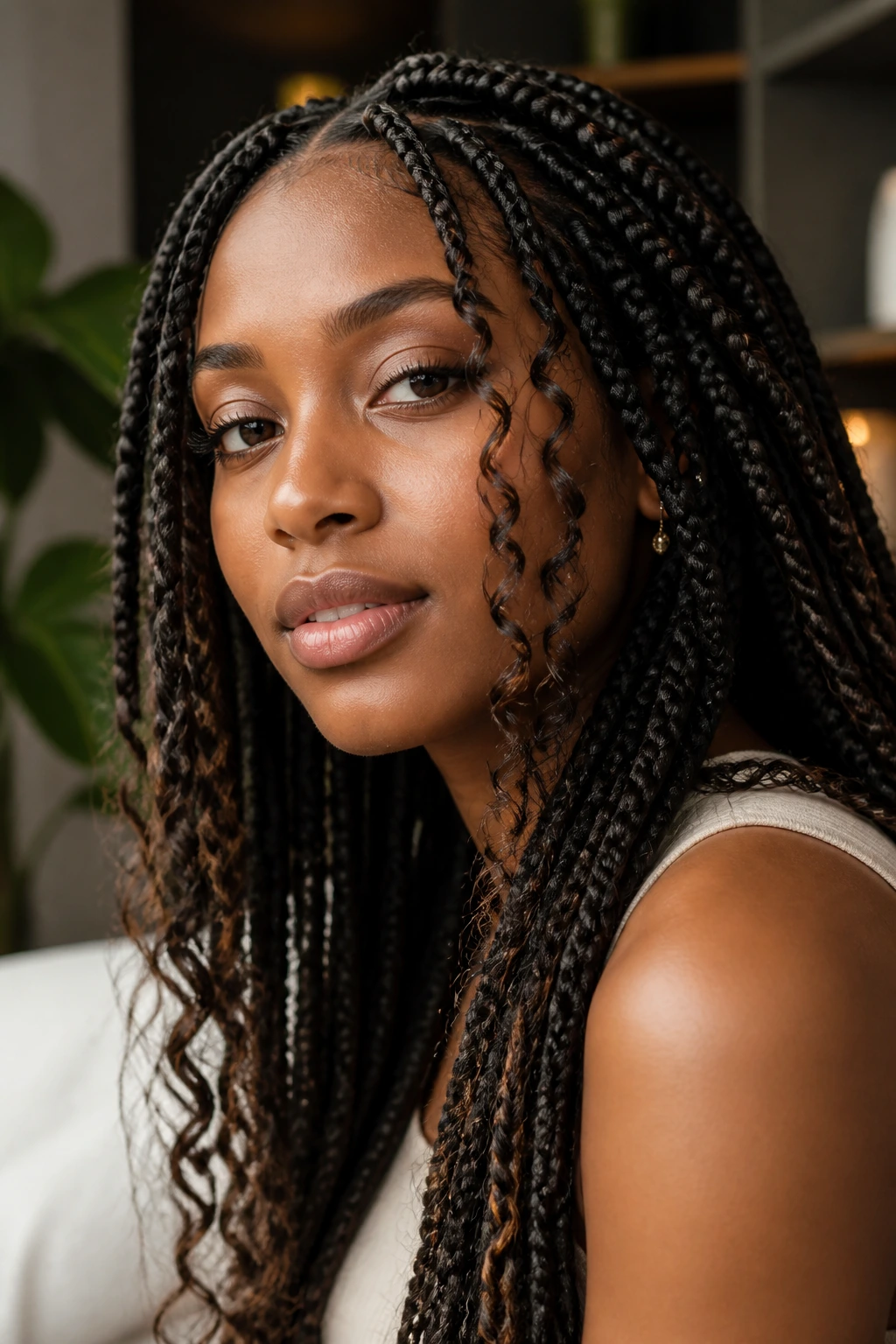 Close-up of a real woman with box braids showing curly ends and face-framing pieces in window light