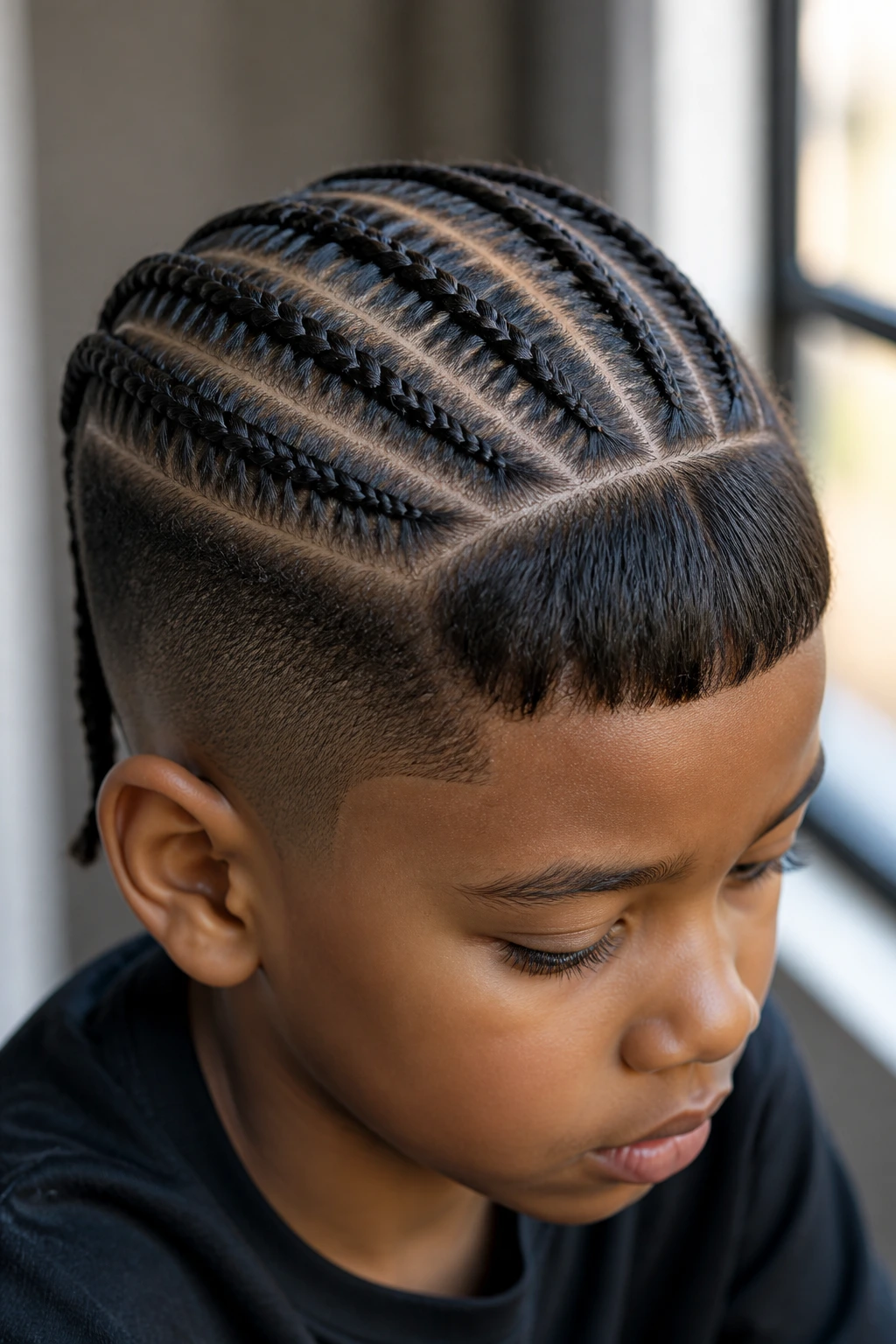 Close-up of a young boy's head with neat crown braids in natural window light