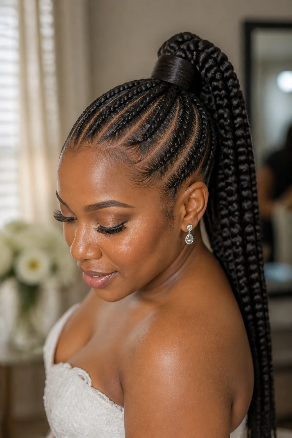 Close-up of a real bride's head showing a feed-in braided ponytail with a wrapped base