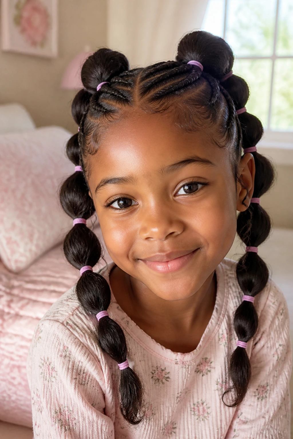 Close-up of a real child with braids and bubble styles in soft morning light