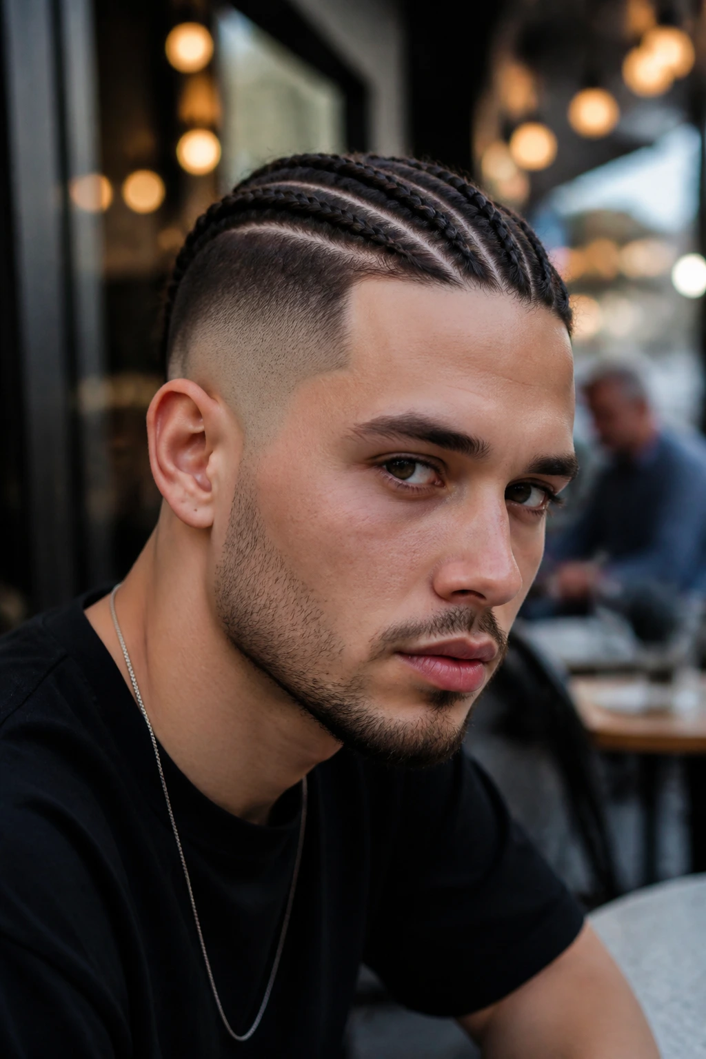 Close-up of a real person with braids and buzzed sides.