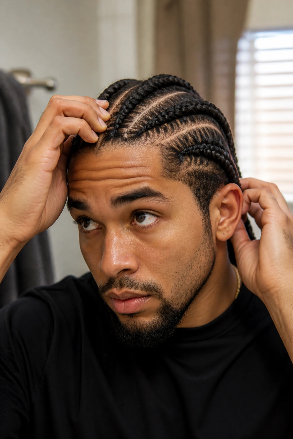 Close-up of a real man's neatly formed braids in a home setting.