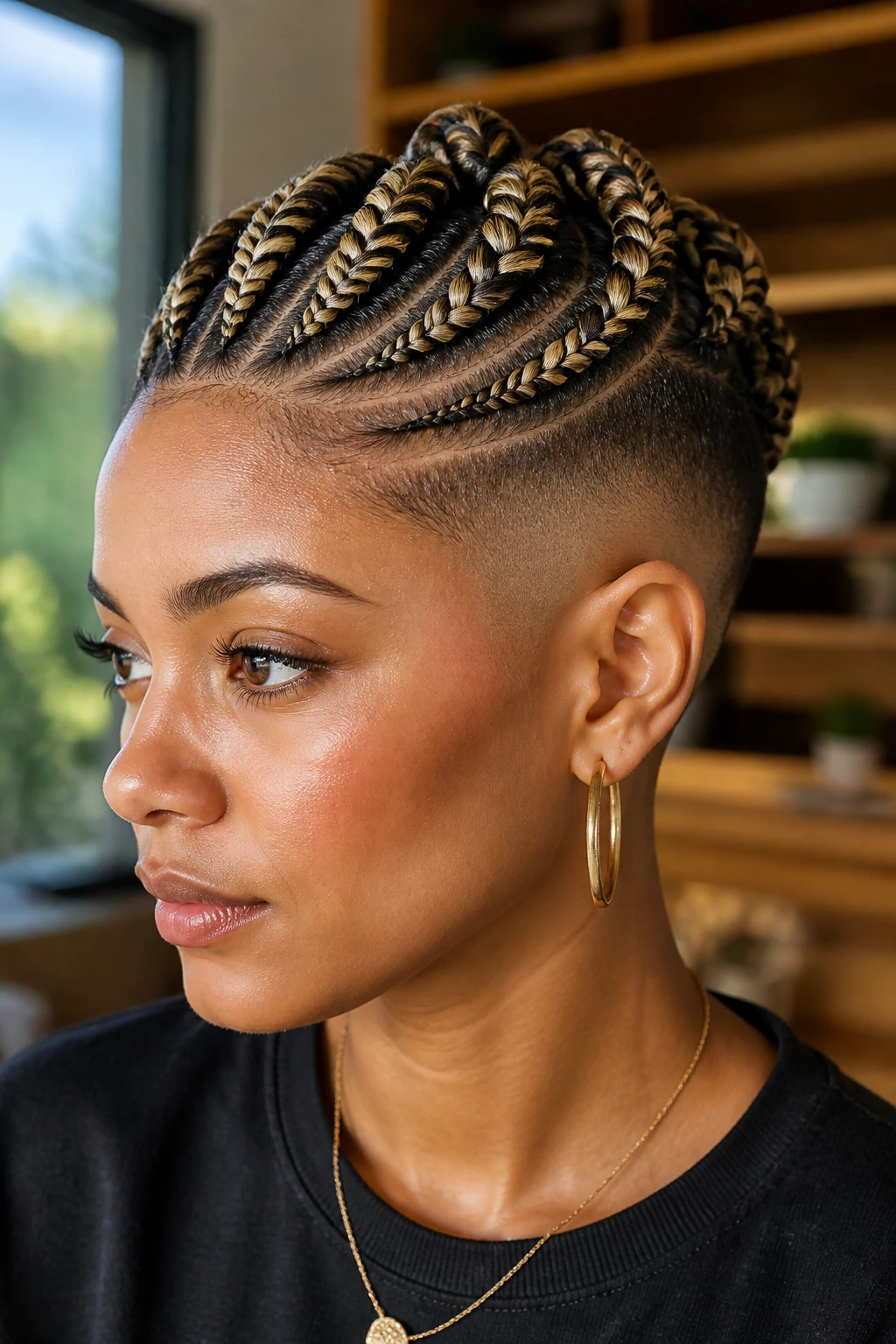 Close-up of a real woman with shaved sides showing color-pop blonde highlights braided into the top pattern.