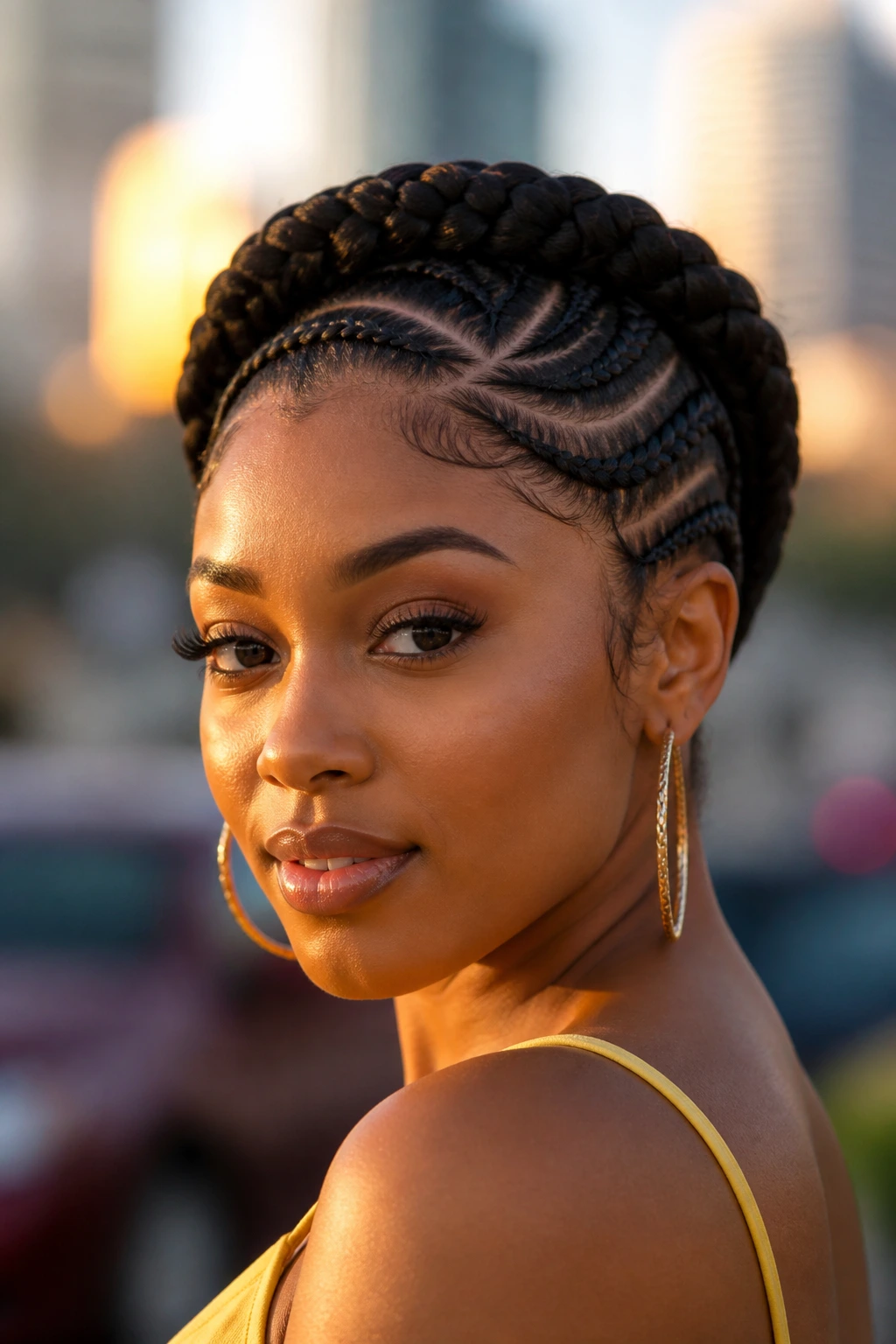 Close-up portrait of a woman with crown cornrows in golden hour light
