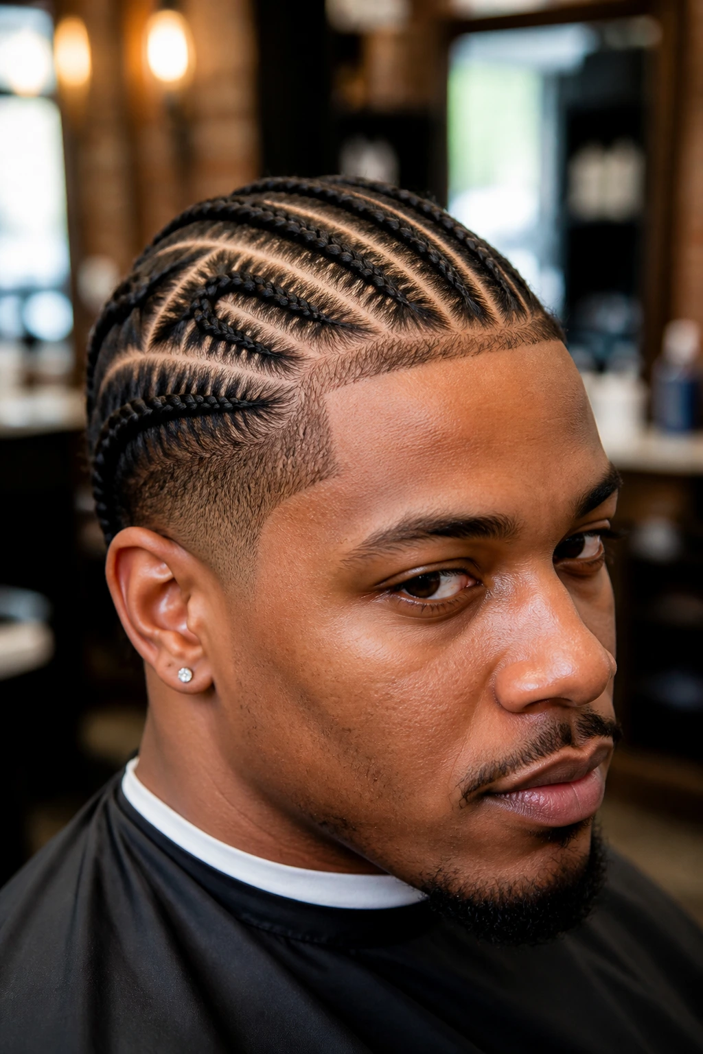 Close-up of a real man's braids with crisp parts in a barbershop setting.