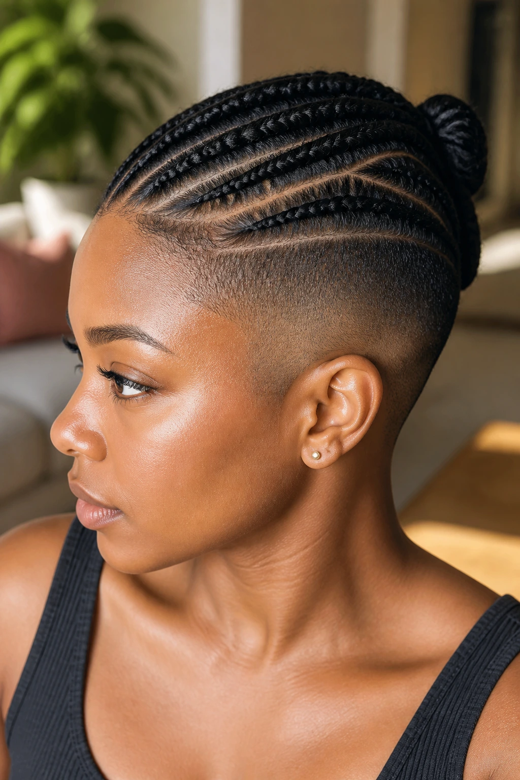 Close-up of a real woman with shaved sides showing crisp braid finish between visits.
