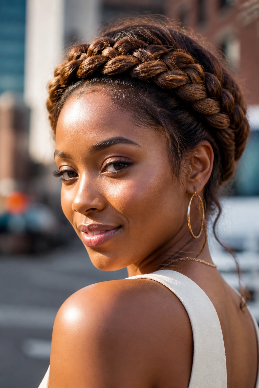 Close-up of a real person wearing a crown braid outdoors with a blurred city background