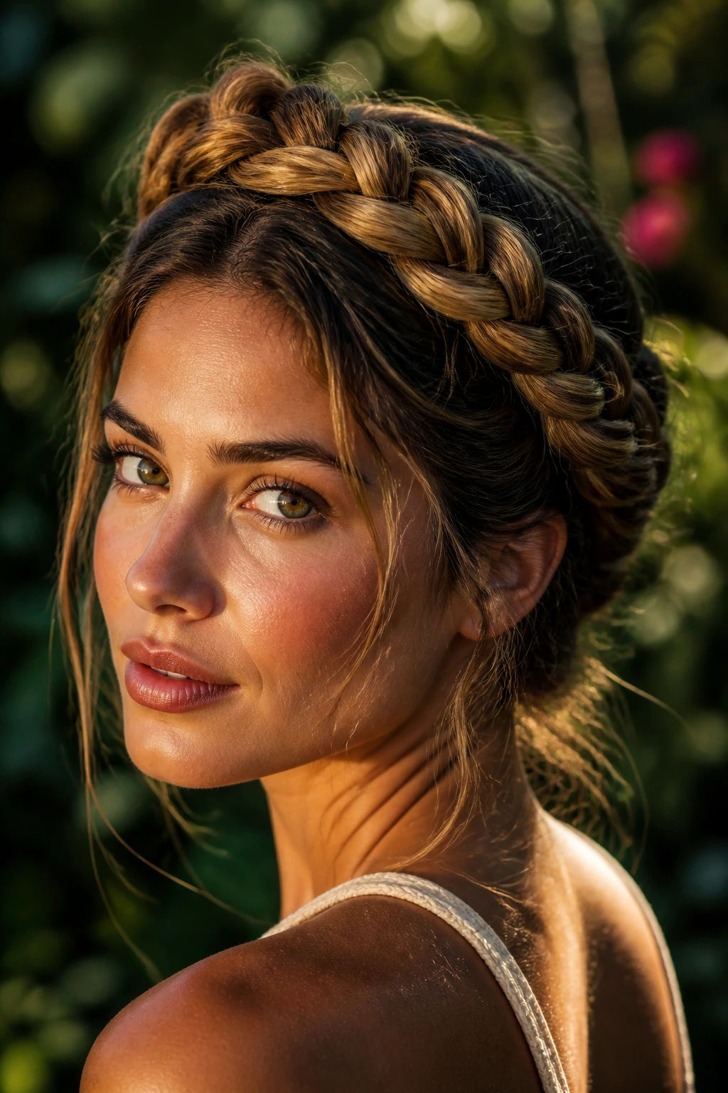 Close-up of a real woman wearing knot-twist braided crown in warm outdoor light